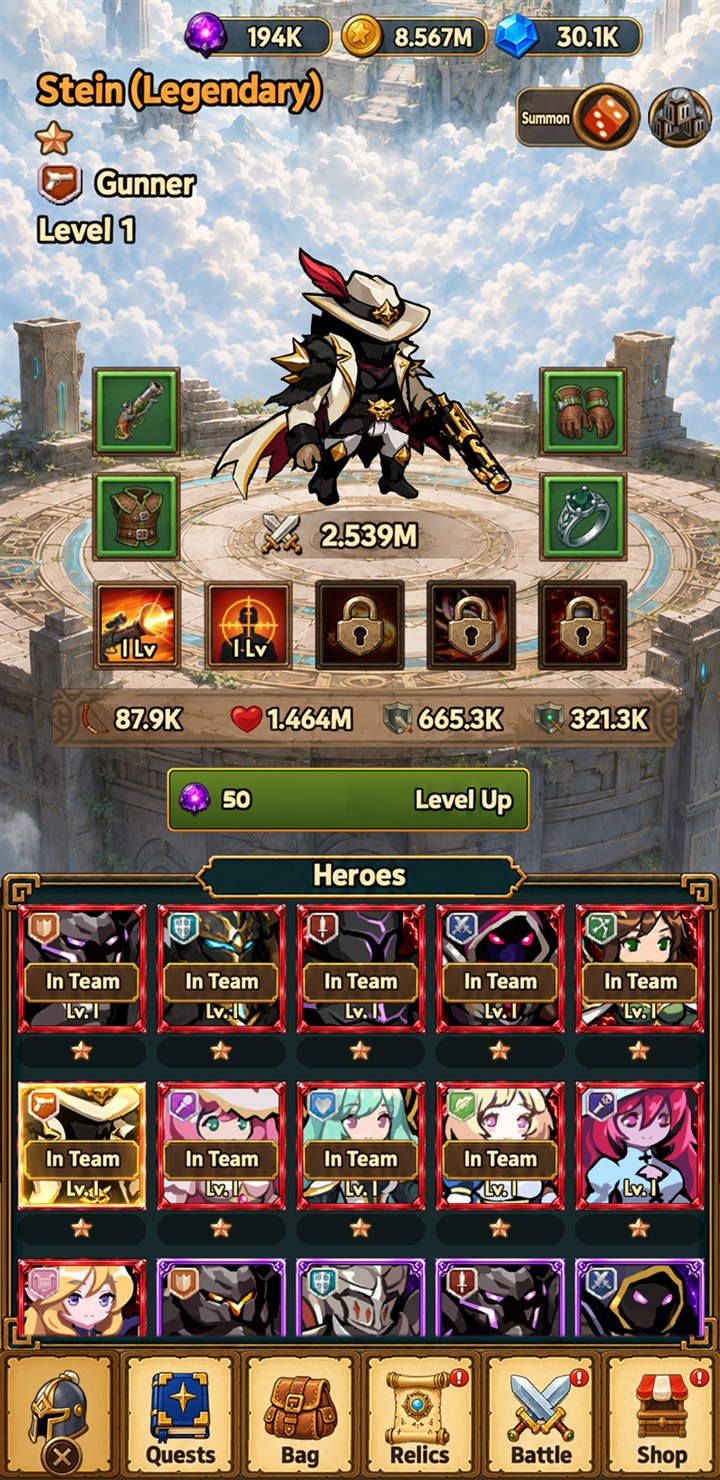 Stein, a legendary Gunner, with his equipment and hero collection